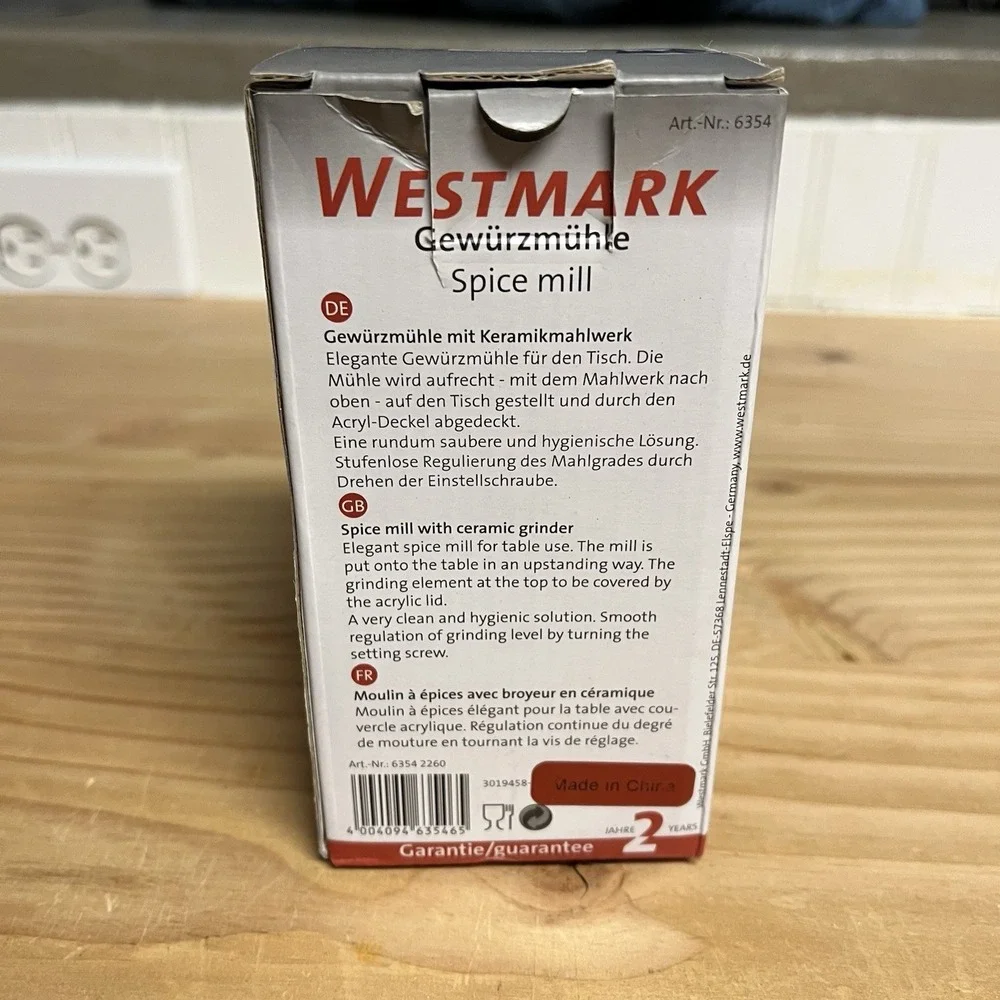 Westmark Spice Mill Ceramic Grinder‎ Adjustable Grind Glass Black Silver 6354